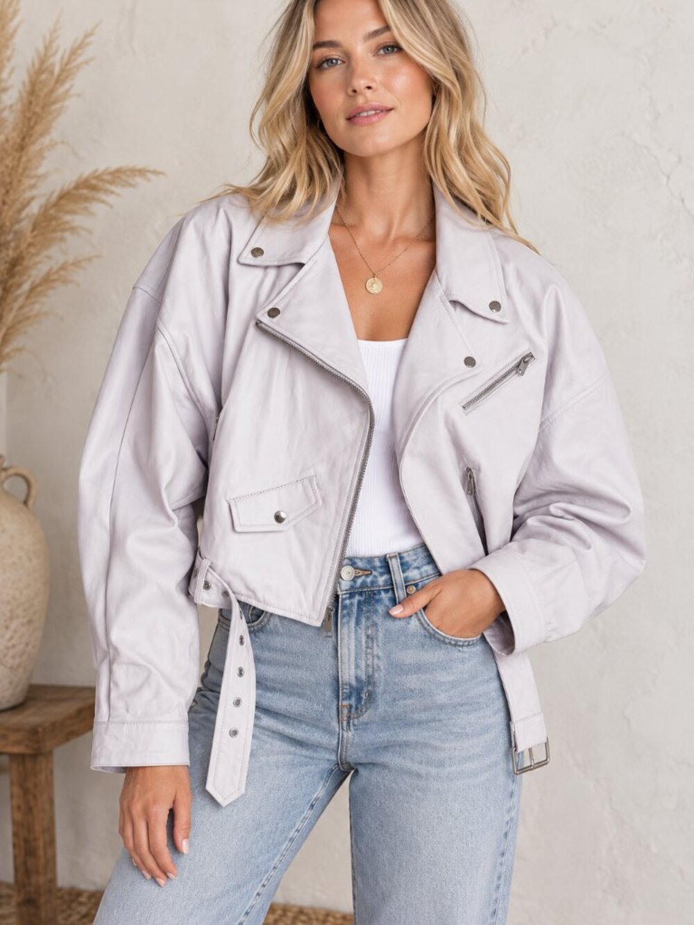 Lamarque Lambskin Leather Light Lavender Moto Jacket NEW XL